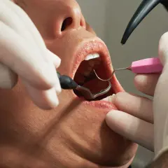Dentysta wykonuje ekstrakcję zęba przy stanie zapalnym, używając narzędzi.