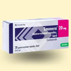 Opakowanie leku Emanera 20 mg, zawierające 28 kapsułek gastrooporno.