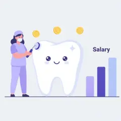 Ilustracja pokazuje higienistkę stomatologiczną czyszczącą ząb, monety i wykres "Salary". Dowiadujemy się, ile zarabia higienistka stomatologiczna.