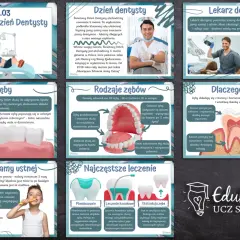 Dzień dentysty: ilustracje przedstawiające dentystę, zęby, higienę jamy ustnej i zabiegi stomatologiczne.