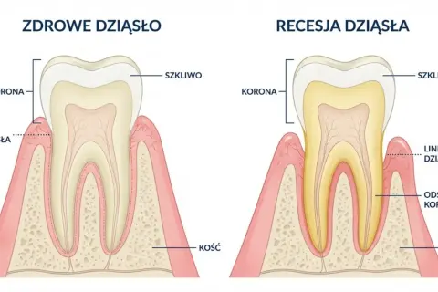 Porównanie zdrowego dziąsła z recesją dziąsła, gdzie odsłonięty korzeń zęba jest widoczny.