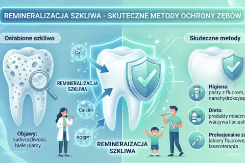 Ilustracja pokazuje proces remineralizacji szkliwa. Zdrowy ząb chroniony tarczą, obok osłabione szkliwo z objawami.