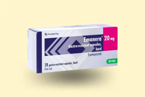 Opakowanie leku Emanera 20 mg, zawierające 28 kapsułek gastrooporno.