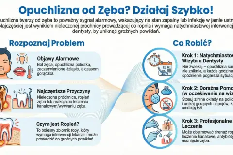 Opuchlizna od zęba to sygnał zapalenia. Objawy: ból zęba, gorączka. Przyczyny: próchnica, ropień. Działaj szybko: wizyta u dentysty, zimne okłady.