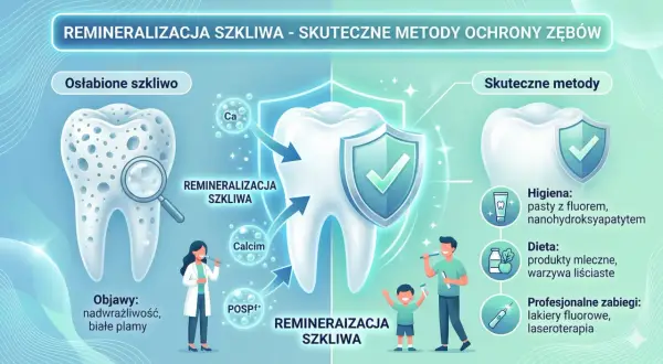 Ilustracja pokazuje proces remineralizacji szkliwa. Zdrowy ząb chroniony tarczą, obok osłabione szkliwo z objawami.