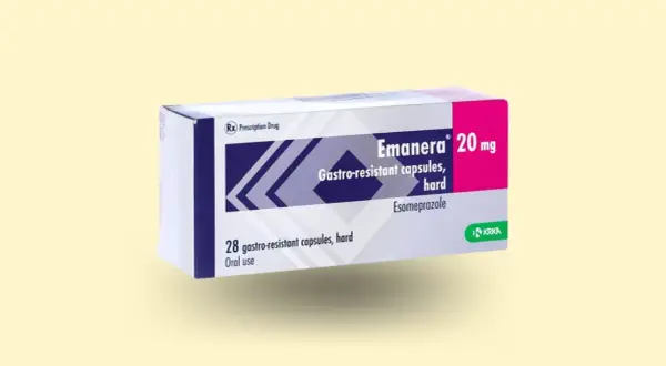 Opakowanie leku Emanera 20 mg, zawierające 28 kapsułek gastrooporno.