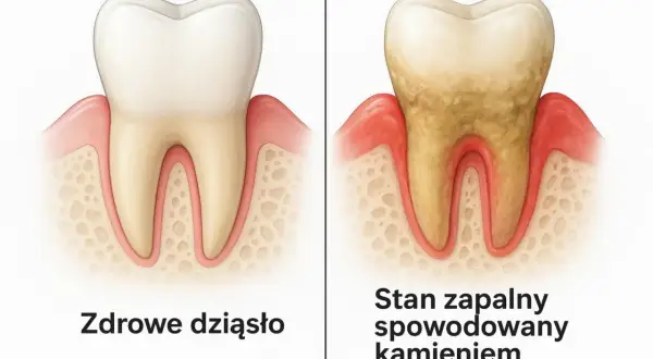 Zdrowa dziąsło vs. stan zapalny spowodowany kamieniem poddziąsłowym. Po prawej stronie widać zżółknięty ząb z zaczerwienionymi dziąsłami.