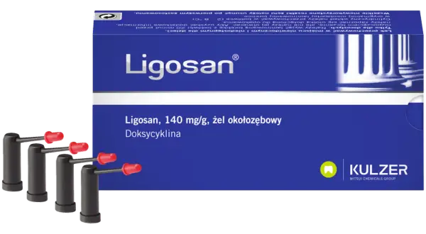 Ligosan, żel okołozębowy z doksycykliną, w opakowaniu z aplikatorami. Lek dla dorosłych.