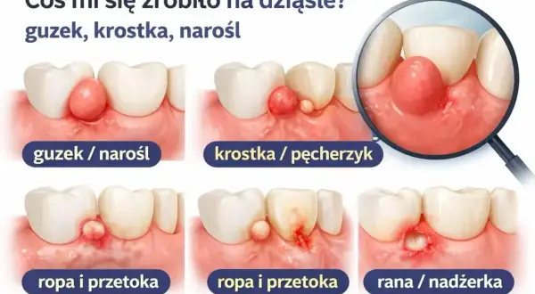 Różne zmiany na dziąśle: guzek, krostka, przetoka z ropą, a nawet nadżerka. Taki nadziąślak może przybierać różne formy.