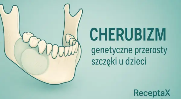 Ilustracja żuchwy z widocznymi przerostami kostnymi, opisująca cherubizm – genetyczne schorzenie wpływające na rozwój szczęk u dzieci.