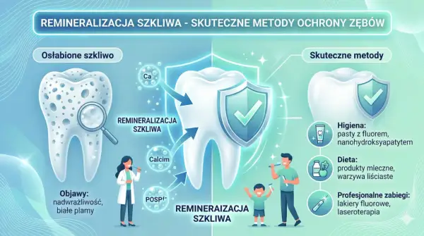 Ilustracja pokazuje proces remineralizacji szkliwa. Zdrowy ząb chroniony tarczą, obok osłabione szkliwo z objawami.