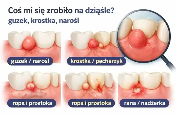 Ilustracja pokazuje zmiany na dziąśle: guzek, krostkę, ropień i ranę. W przypadku infekcji, lekarz może przepisać moksyfloksacynę.