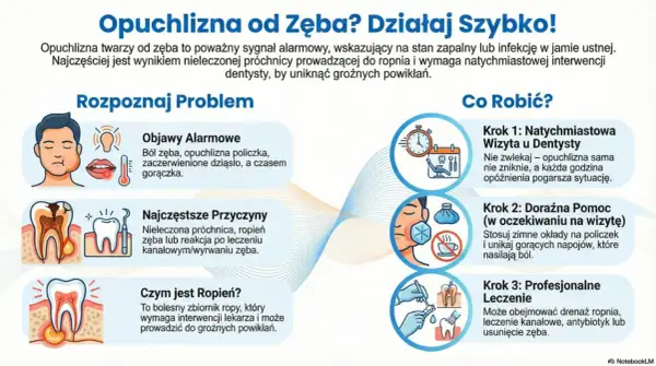Opuchlizna od zęba to sygnał zapalenia. Objawy: ból zęba, gorączka. Przyczyny: próchnica, ropień. Działaj szybko: wizyta u dentysty, zimne okłady.
