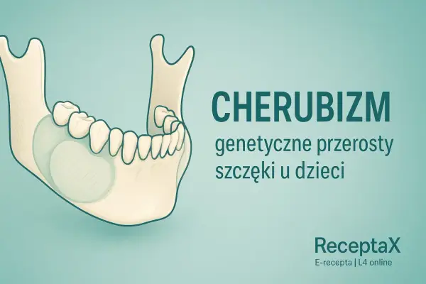 Ilustracja żuchwy z widocznymi przerostami kostnymi, opisująca cherubizm – genetyczne schorzenie wpływające na rozwój szczęk u dzieci.